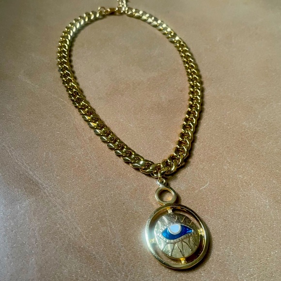Evil eye 🧿 curb chain choker necklace adjustable gold blue pendant charm - Picture 5 of 10
